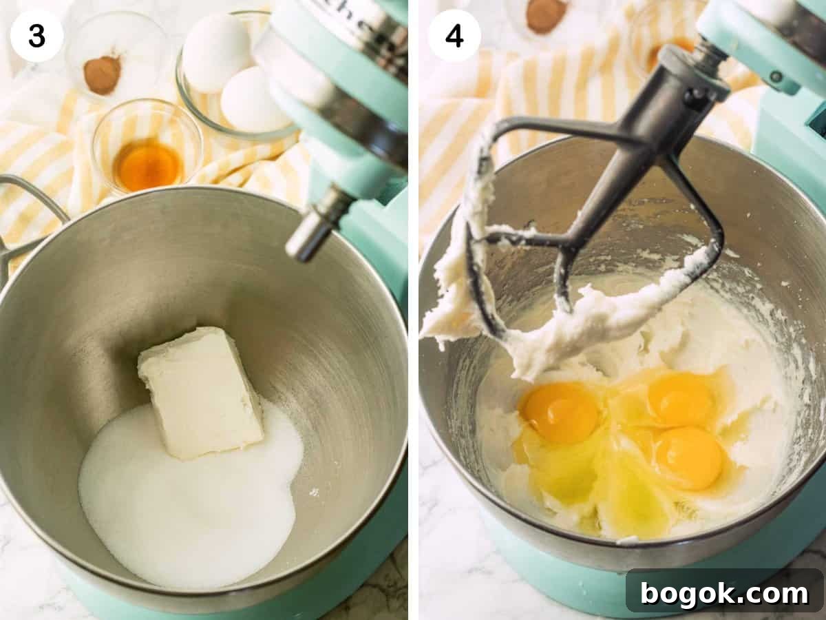 Photo collage of cream cheese in mixing bowl with sugar, and eggs in bowl with sugar.
