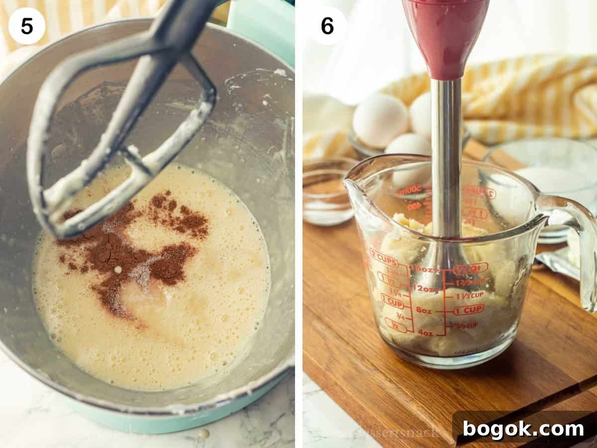 Photo collage of cinnamon in bowl and blender mixing bananas.