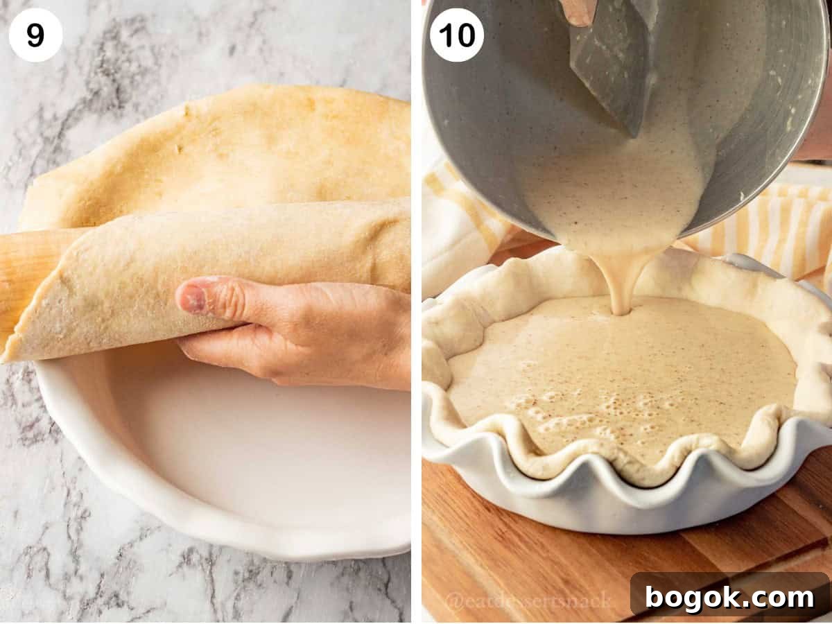 Photo collage of placing pie crust in pie tin and pouring banana pie filling into pie crust.