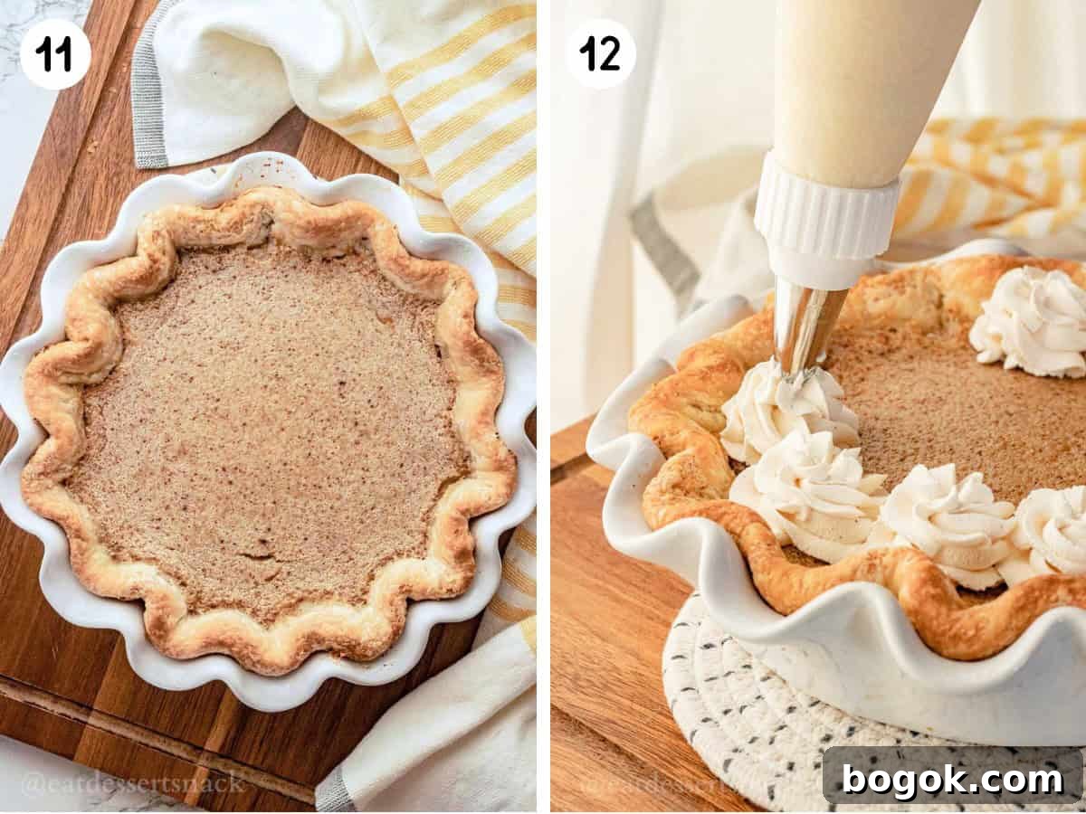 Photo collage of baked banana custard pie, piping whipped cream onto pie.