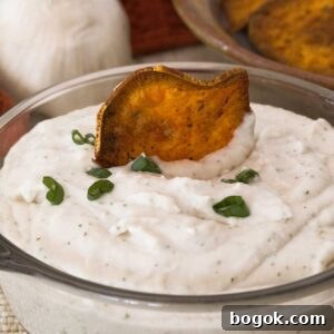 Garlic Parmesan White Bean Dip with Extra Protein 15 A sweet potato chip dipped in high-protein garlic Parmesan white bean dip.