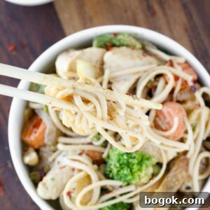 Thai Peanut Chicken Noodle Stir-Fry Recipe for Weeknight Meals 6 Thai Peanut Chicken Noodle Stir Fry White Bowl.
