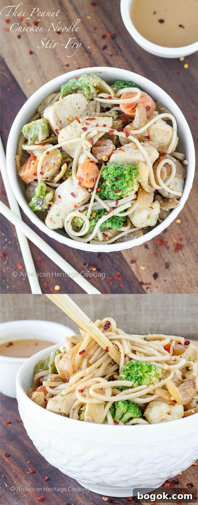 Thai Peanut Chicken Noodle Stir-Fry Recipe for Weeknight Meals 7 Dinner on the table in less than 20 minutes with this easy Thai Peanut Chicken Noodle Stir Fry!! | Mixed vegetables and chicken are tossed with whole wheat udon noodles and a spicy sweet Thai peanut sauce!