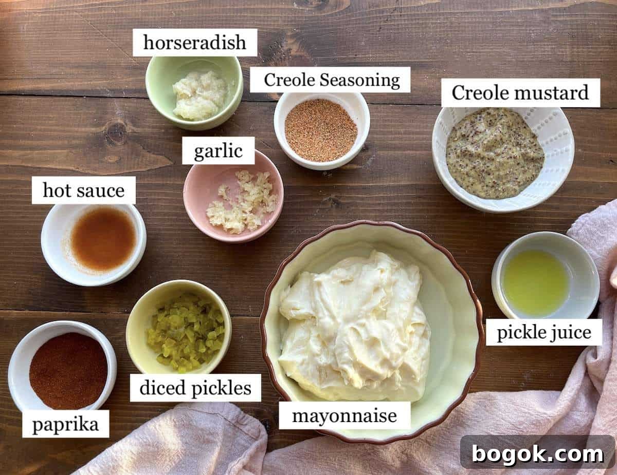 The ingredients in creole remoulade sauce, laid out and labeled.