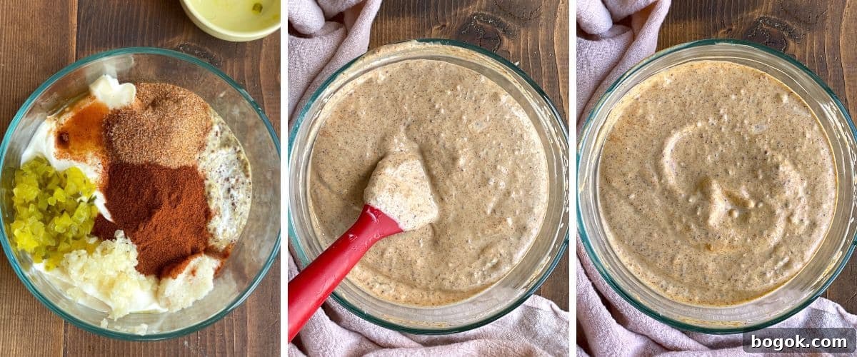 A collage of three images showing how to mix up Creole remoulade sauce.