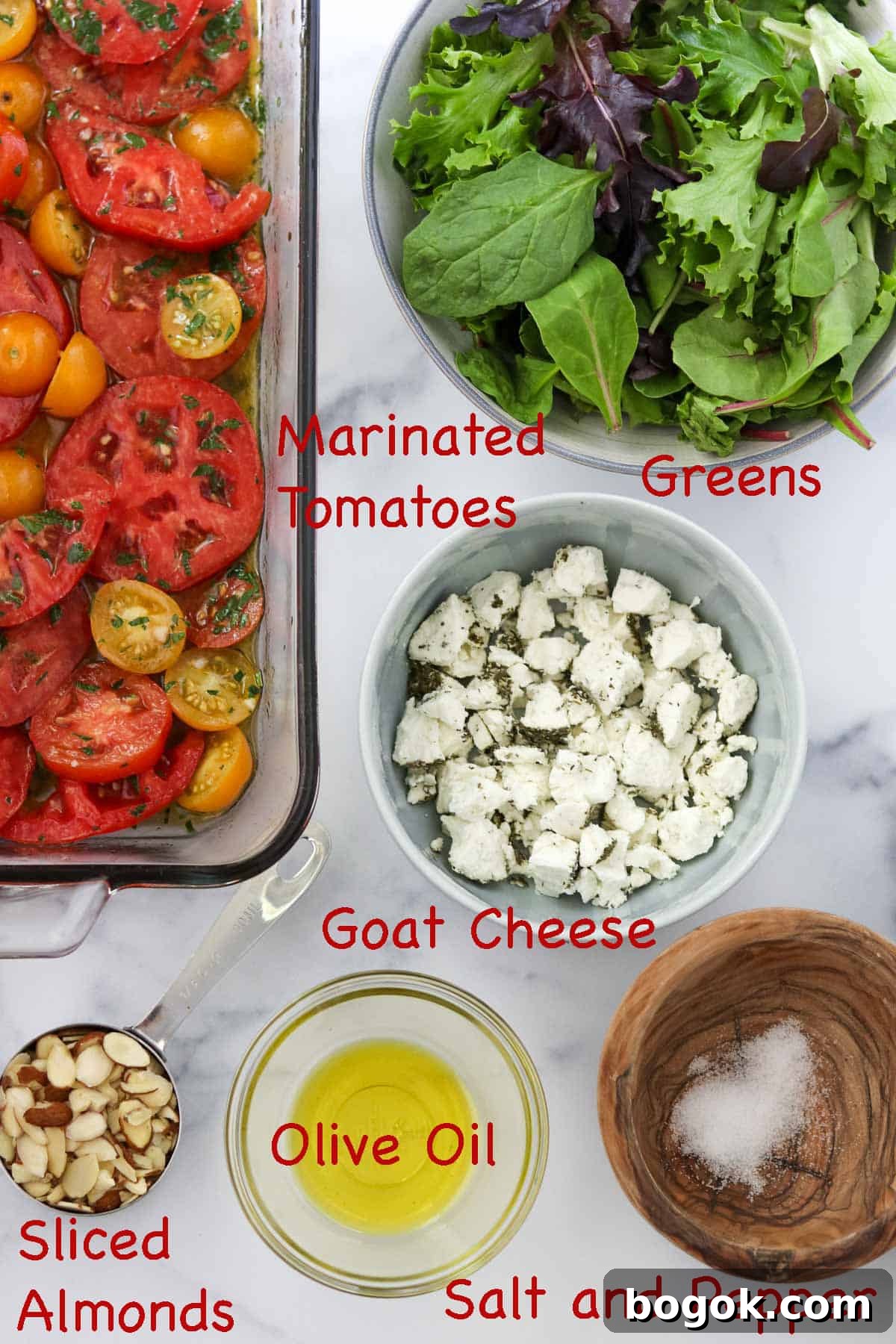 Swedish Tomato and Goat Cheese Salad with Herb Marinade 3 Labeled ingredients for Swedish Marinated Tomato and Goat Cheese Salad