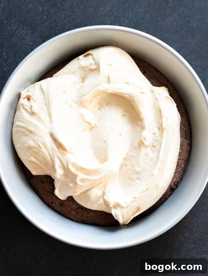 Peanut butter mousse filling on top of a brownie crust in a pie plate.