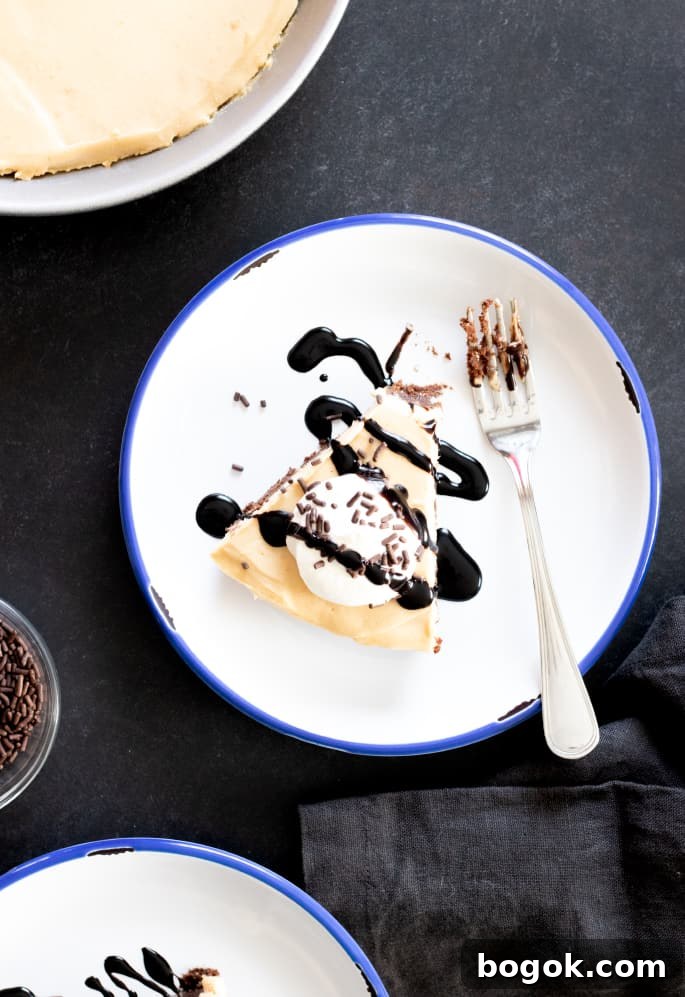 A slice of peanut butter pie on a plate with a fork.