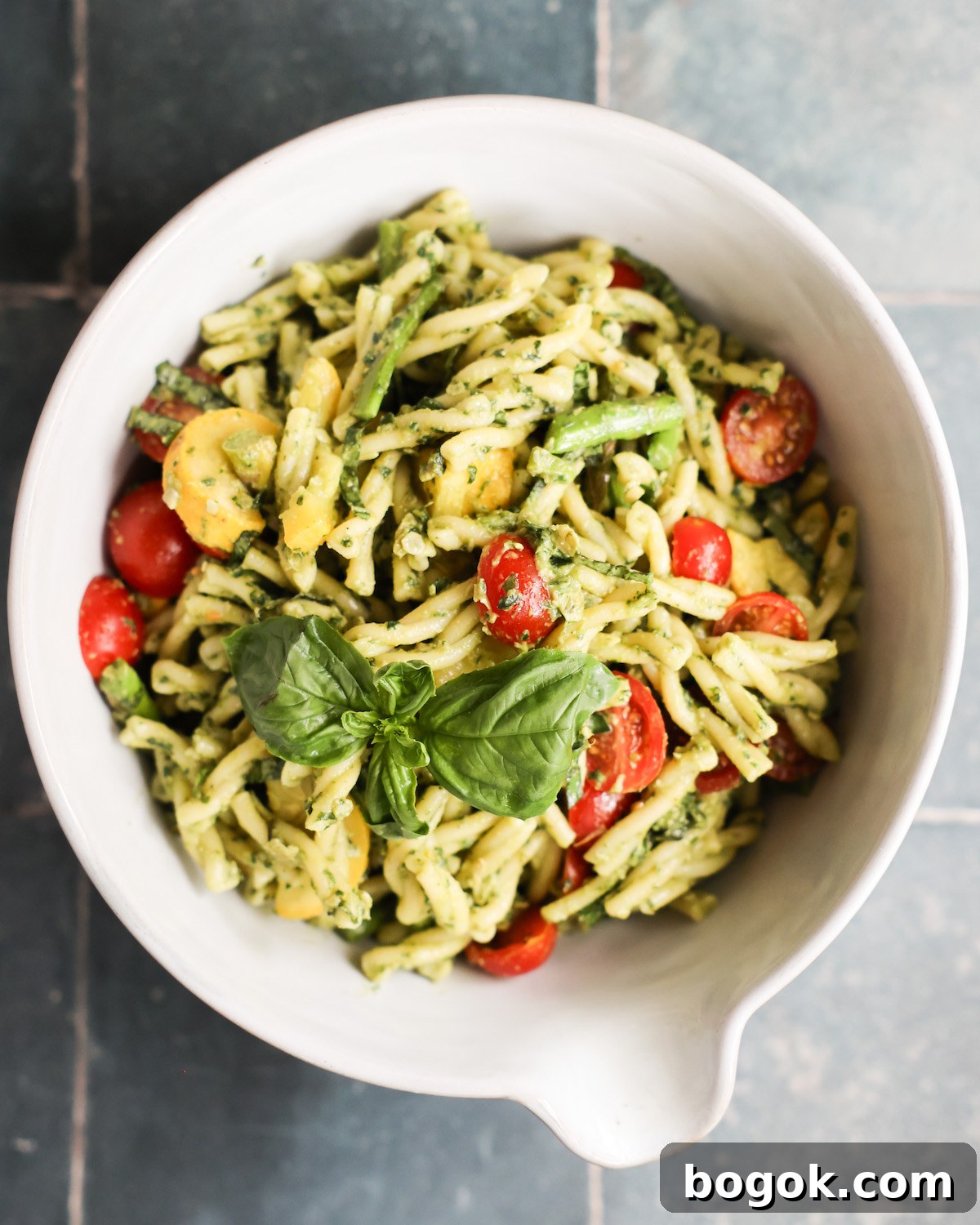 vegan pasta salad in white bowl