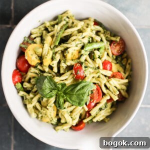 vegan pasta salad in white bowl