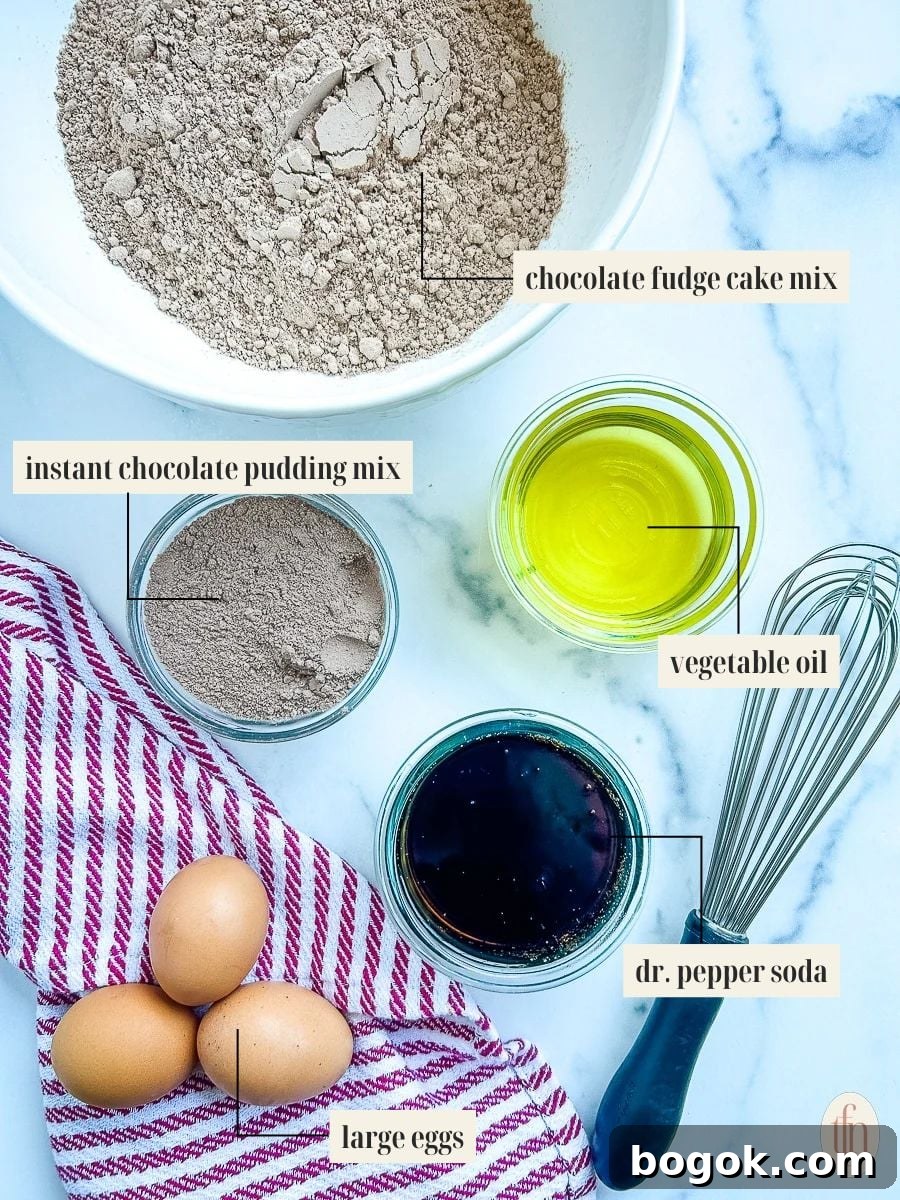 Dr Pepper Chocolate Sheet Cake Recipe - Moist Soda Cake Tutorial 4 Labeled ingredient image for Dr. pepper chocolate cake recipe.