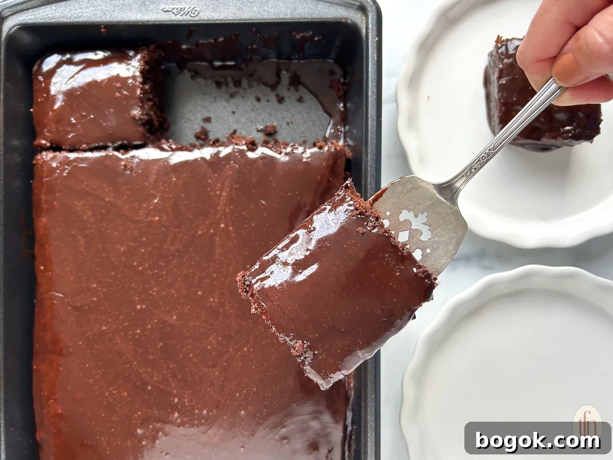 Dr Pepper Chocolate Sheet Cake Recipe - Moist Soda Cake Tutorial 9 Silver serving spoon holding slice of cake over the pan of chocolate cake.
