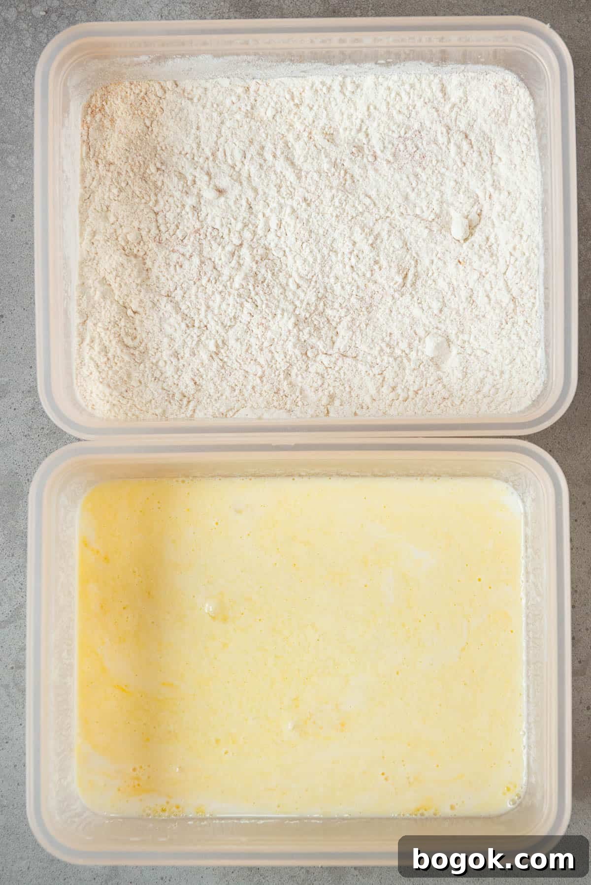 dishes with egg wash and flour