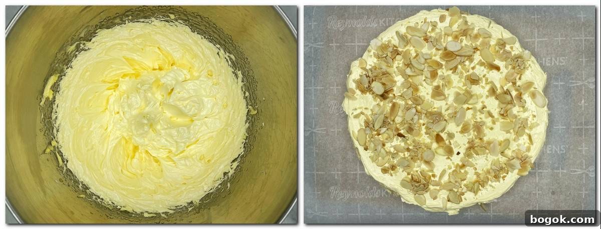 Authentic Gluten-Free Italian Almond Cake Recipe 8 Photo 7: Buttercream in a bowl Photo 8: Cream topped with sliced almonds