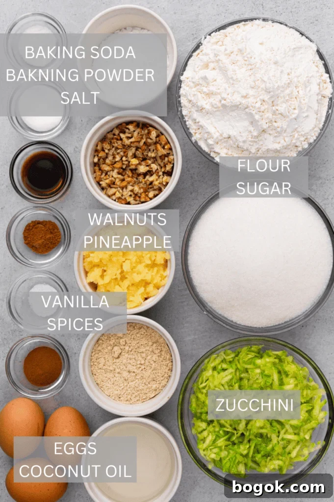 Ultra-Moist Gluten-Free Zucchini Bread with a Secret Ingredient 4 top down image of ingredients for gluten free zucchini bread with labels over each ingredient
