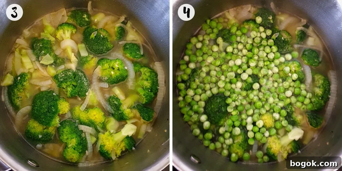 boil in stock and add peas