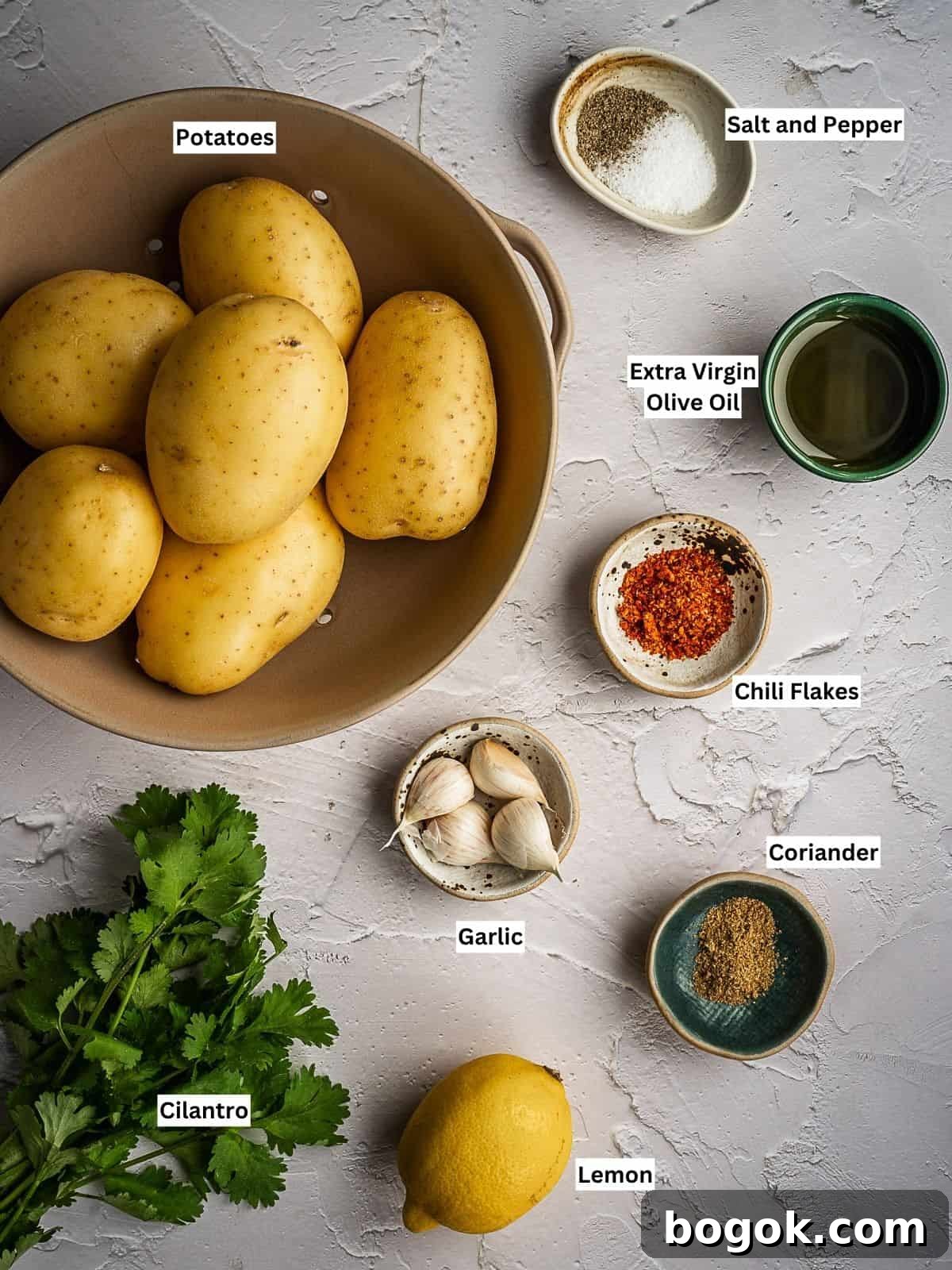 Recipe ingredients with individual text labels on a counter.
