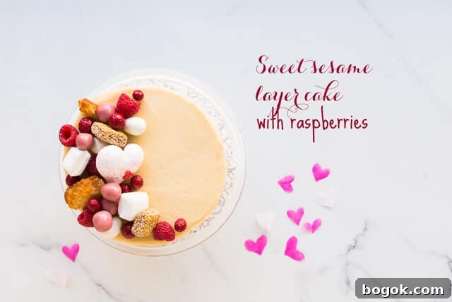 Raspberry Tahini Cake Recipe with Lemon Glaze 2 Sweet sesame layer cake with raspberries - this is a layer cake recipe flavoured with sesame butter (tahini), raspberries, and a little honey. Makes a beautiful birthday cake for adults.