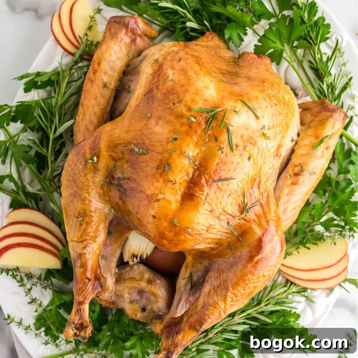 Easy Thanksgiving Dinner Recipes Roasted turkey on white platter served with fresh apple slices on a bed of fresh herbs.