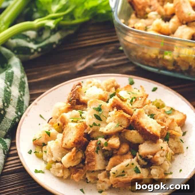 Easy Thanksgiving Dinner Recipes Classic Bread Stuffing dished out on plate