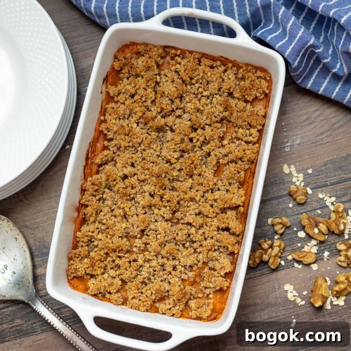 Easy Recipes Thanksgiving Healthy Sweet Potato Casserole baked in white dish