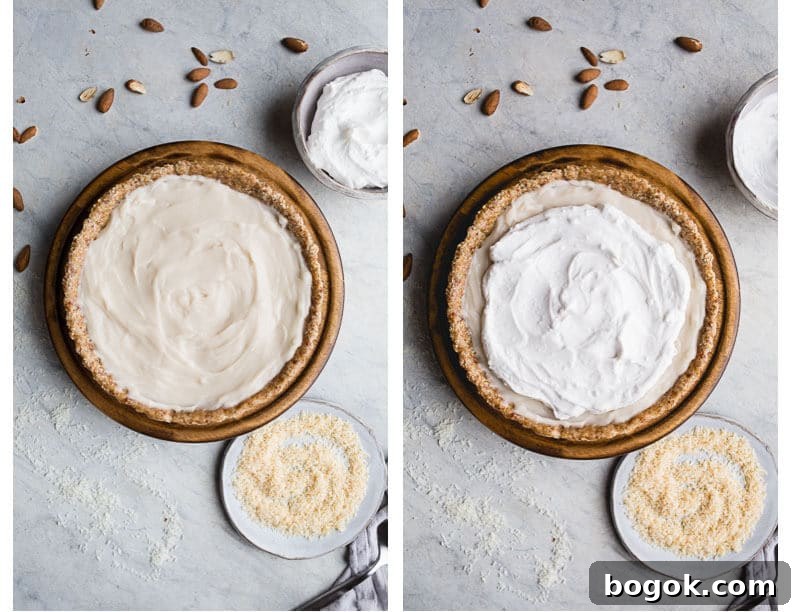 This No-Bake Coconut Cream Pie is made with a sprouted almond press-in crust, coconut milk pudding filling, and topped coconut cream and toasted shredded coconut. Gluten-free, vegan.