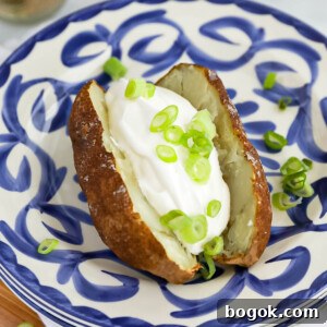 A crispy cooked potato on a blue and white plate. There is a large scoop of creamy sour cream and sliced green onions on the sliced potato.