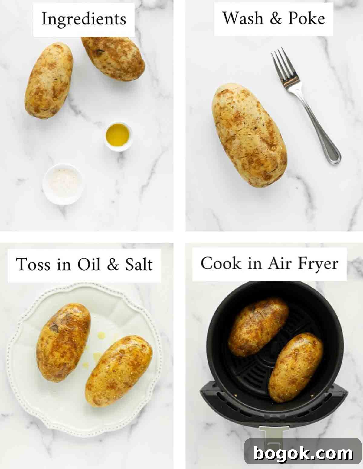 Four labeled images: 1. Ingredients with potatoes, olive oil, and salt. 2. "wash and poke", with a potato and a fork. 3. "toss in olive oil and salt", two potatoes in olive oil in salt on a white plate. 4. "cook in air fryer" two baked potatoes in an air fryer.