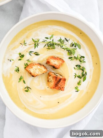 A bowl filled with vegan potato leek soup