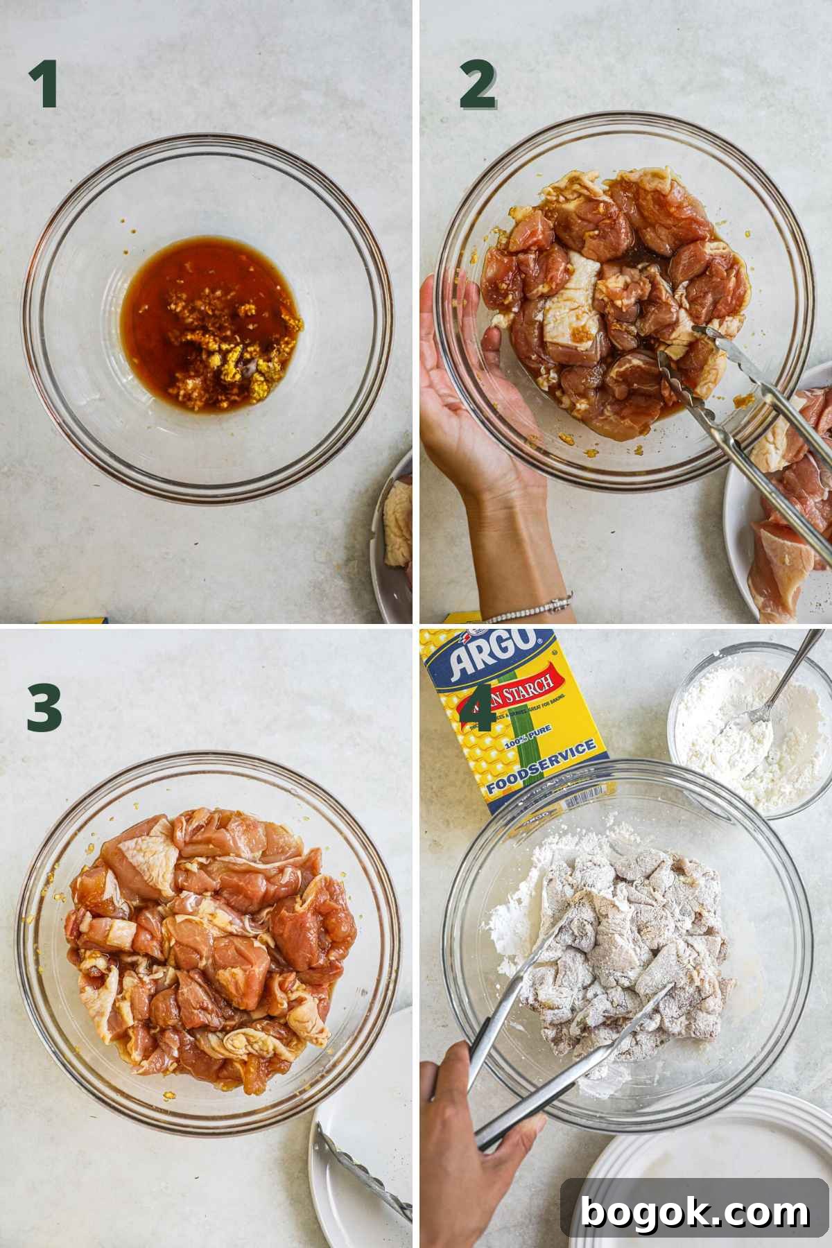 Steps to Japanese fried karaage chicken, mix sake, soy sauce, mirin, garlic, ginger; marinate chicken; drain and toss chicken in corn or potato starch.