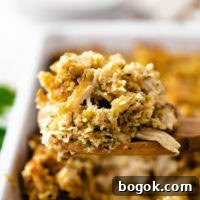 Close up view of a serving of chicken and dressing.