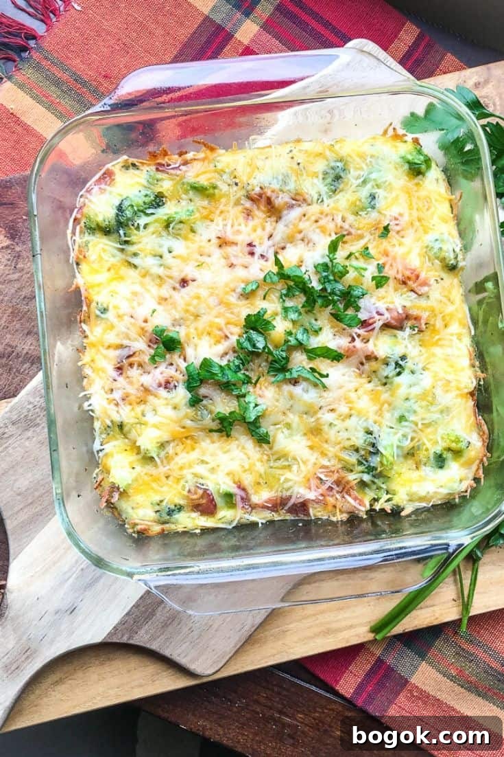 Low-Carb Bacon and Broccoli Breakfast Casserole 10 A breakfast casserole topped with cheese and bacon.