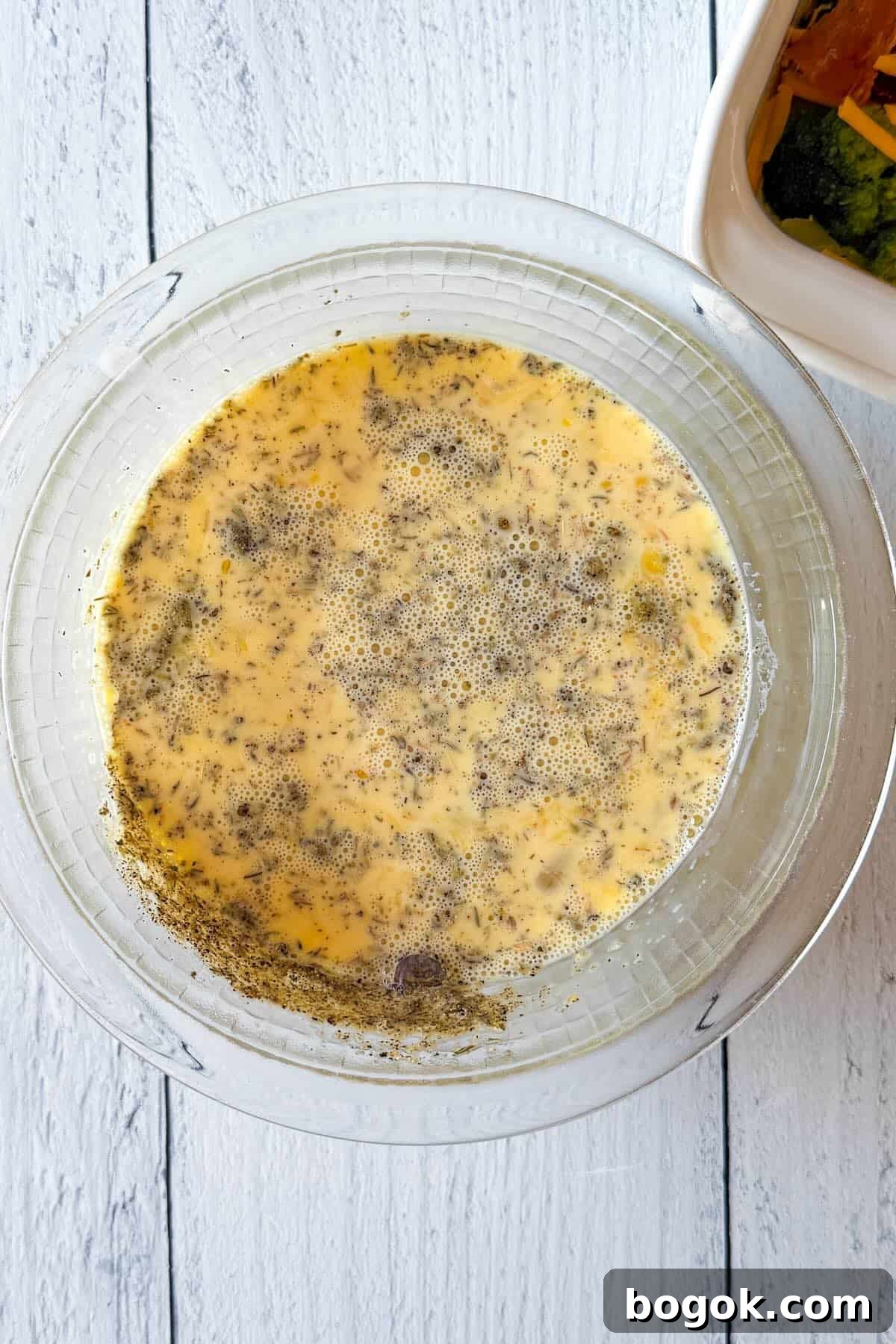 Low-Carb Bacon and Broccoli Breakfast Casserole 6 Egg and cream mixture whisked together with seasonings for low carb breakfast casserole.