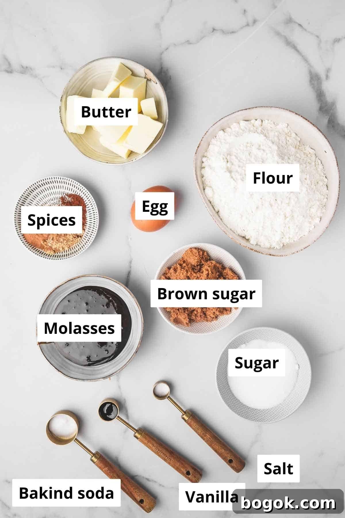Soft Molasses Gingerbread Cookies Recipe 3 bowls with gingerbread cookie ingredients