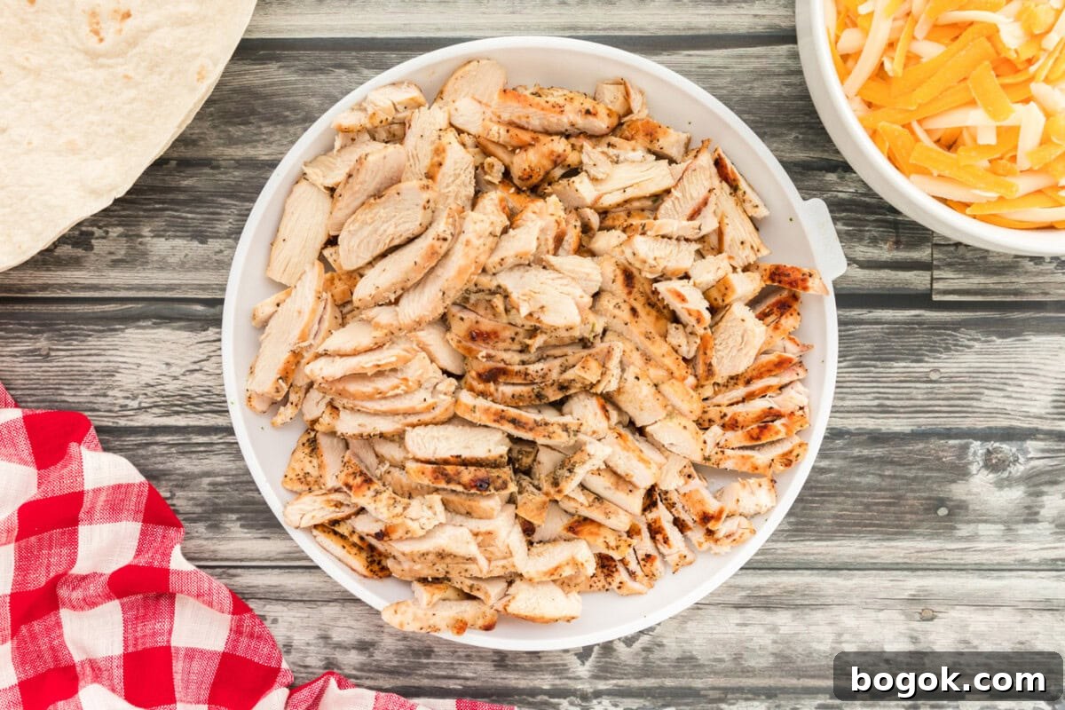 Grilled Chicken Quesadilla Recipe for Crispy, Cheesy Results 6 sliced cooked chicken breasts in a bowl