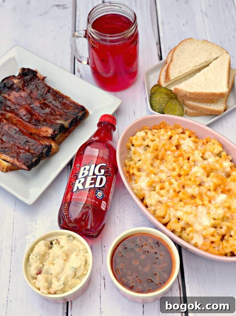 mac and cheese, red soda, with side dishes