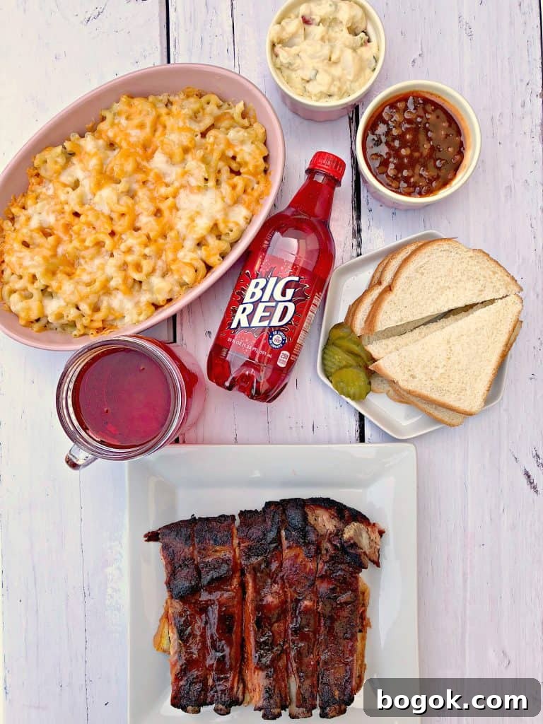 mac and cheese, red soda, with side dishes