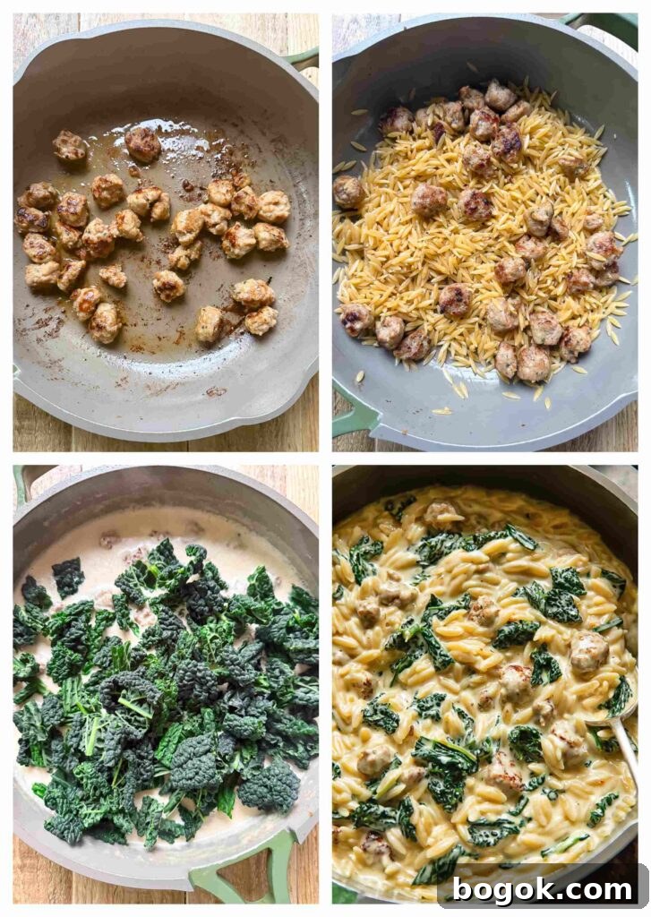 Process shots of sausage and orzo being cooked before sauce and kale is added to pan