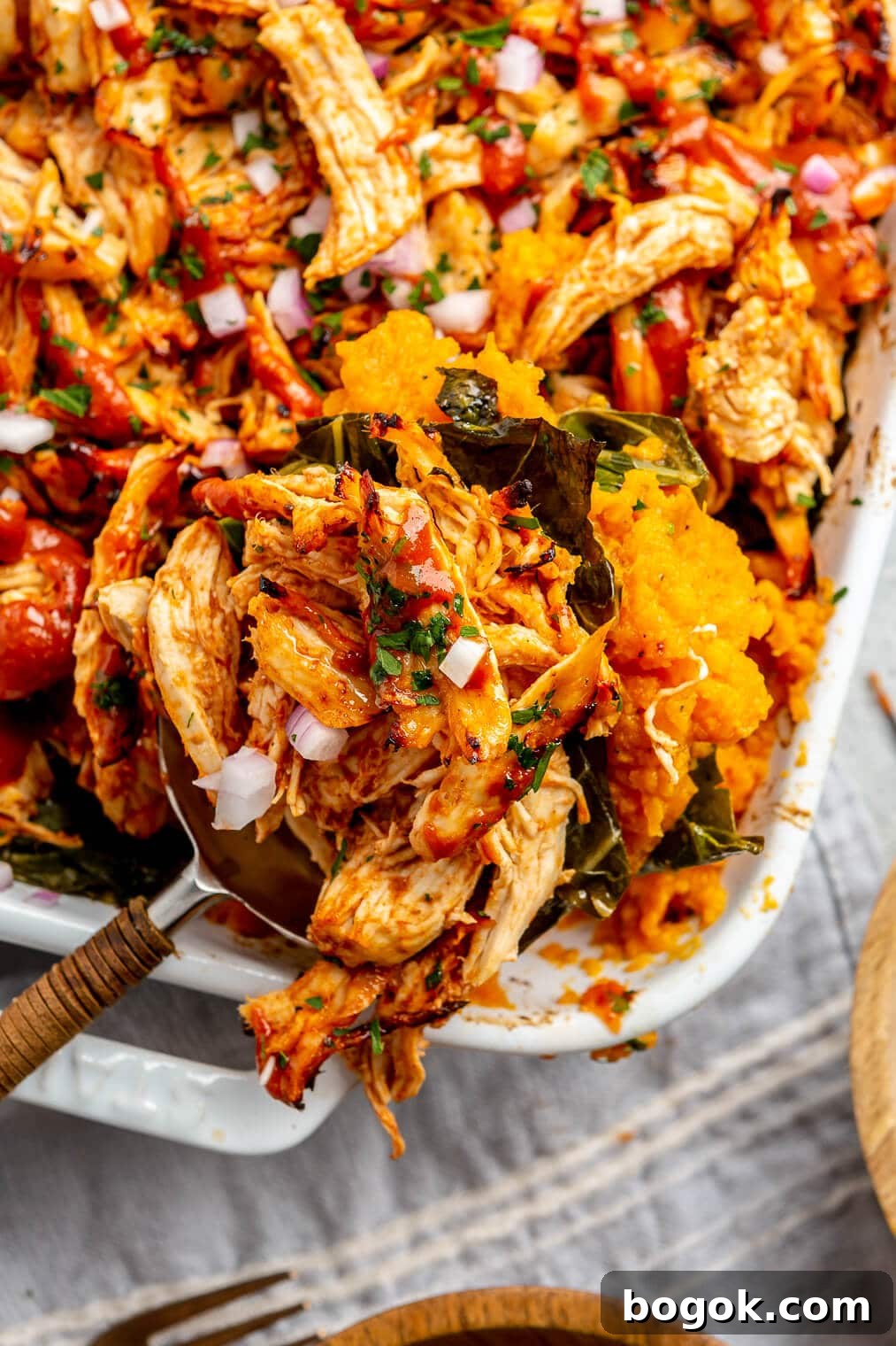 BBQ Chicken and Sweet Potato Casserole Recipe 11 A large casserole dish of BBQ chicken casserole.
