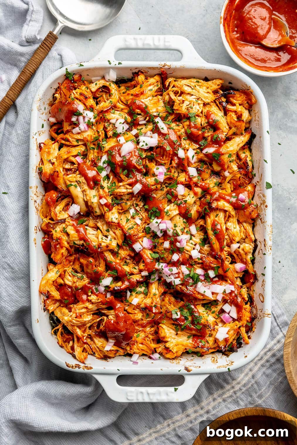 BBQ Chicken and Sweet Potato Casserole Recipe 10 A large casserole dish of BBQ chicken casserole.