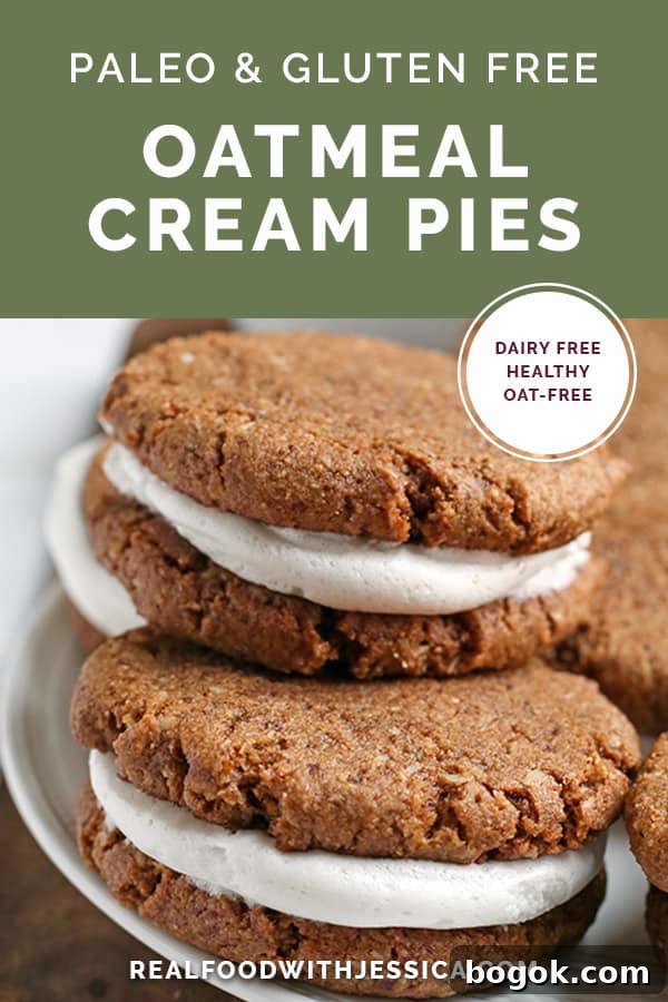 These Paleo Oatmeal Cream Pies contain no oatmeal, but still have the same taste and texture. A soft, sweet cookie with a marshmallow filling. Gluten free, dairy free, and naturally sweetened.