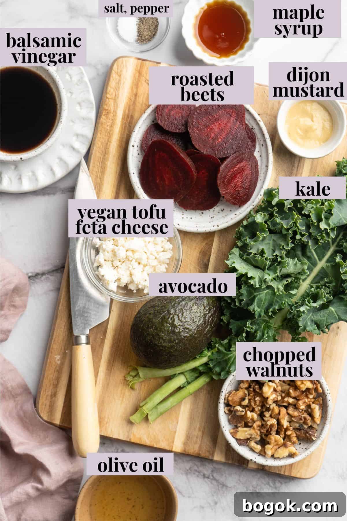 Overhead view of ingredients for beet feta salad