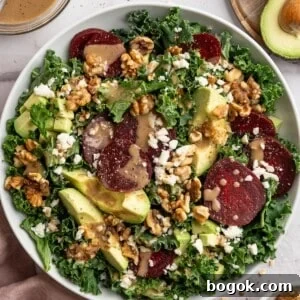 Overhead view of vegan beet feta salad in bowl