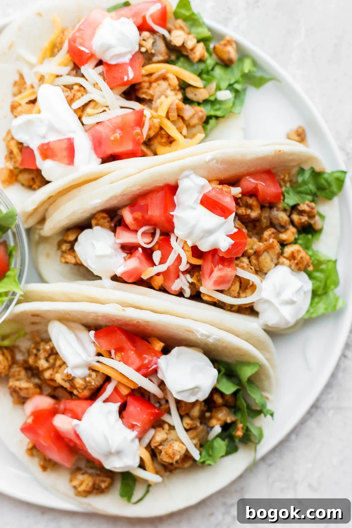 Flavorful Tempeh Tacos with Zesty Avocado Slaw 11 tempeh tacos on a flour tortilla with cheese and fresh veggies on top