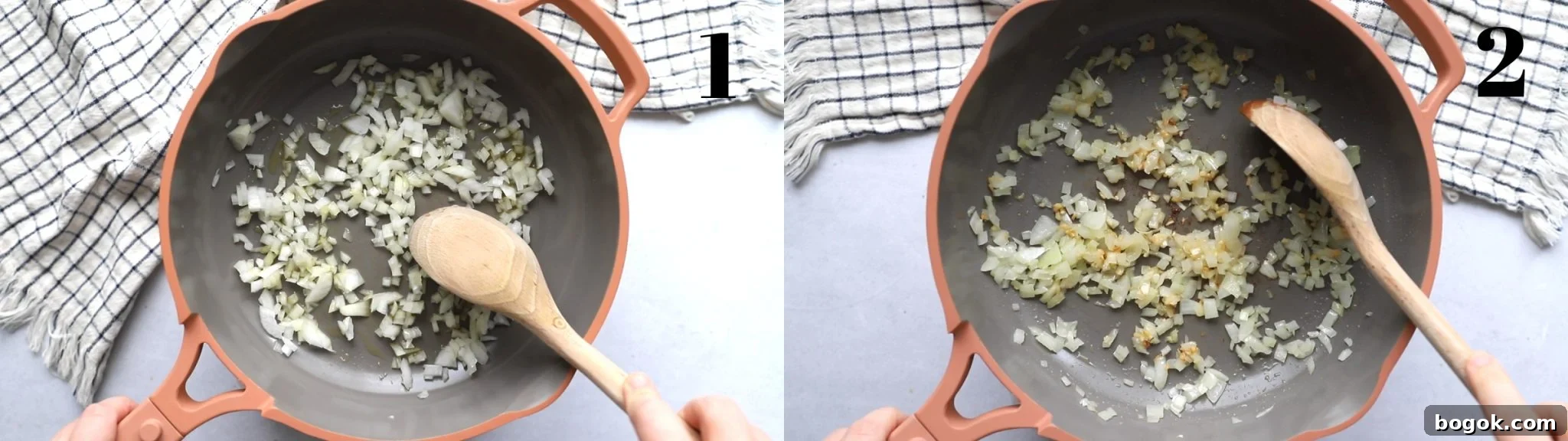 Flavorful Tempeh Tacos with Zesty Avocado Slaw 8 collage image. left image: pink skillet with onion and a wooden spoon in it. Right image: the same skillet with garlic added to the onion