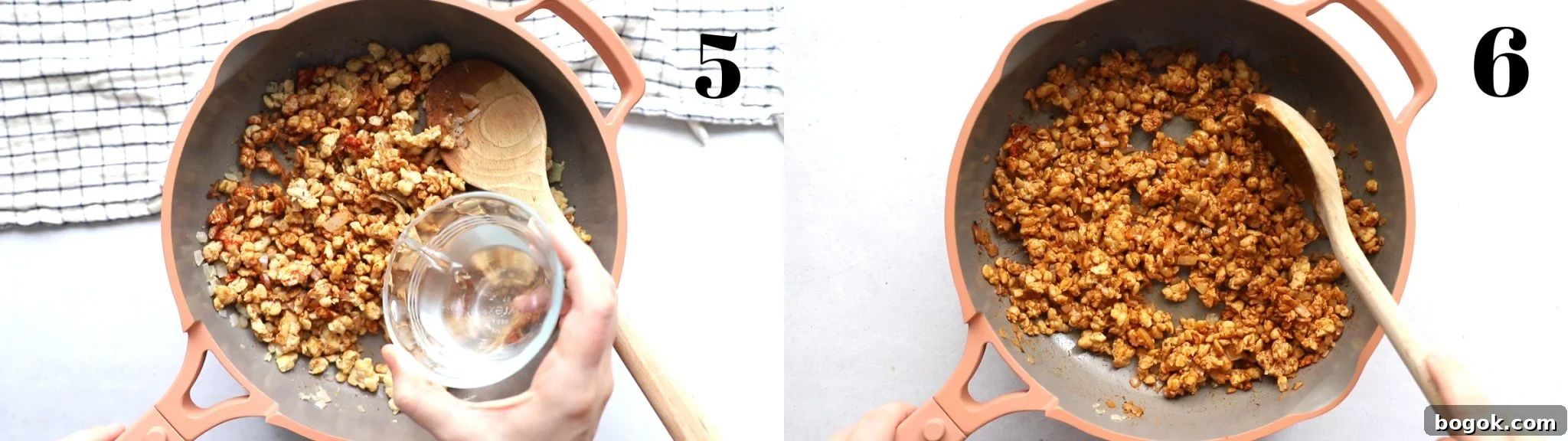 Flavorful Tempeh Tacos with Zesty Avocado Slaw 10 side by side images of a pink skillet. left image: crumbled tempeh with spices on top. right image: crumbled tempeh with the spices all mixed in