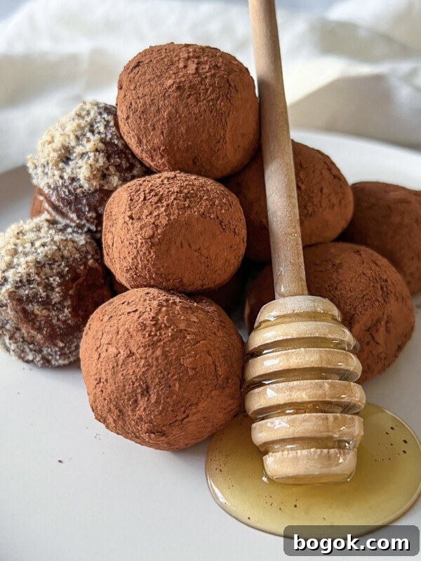A plate of chocolate truffles dusted with cocoa powder, some coated in chopped nuts, with a honey dipper resting on the plate and honey pooling beneath it.