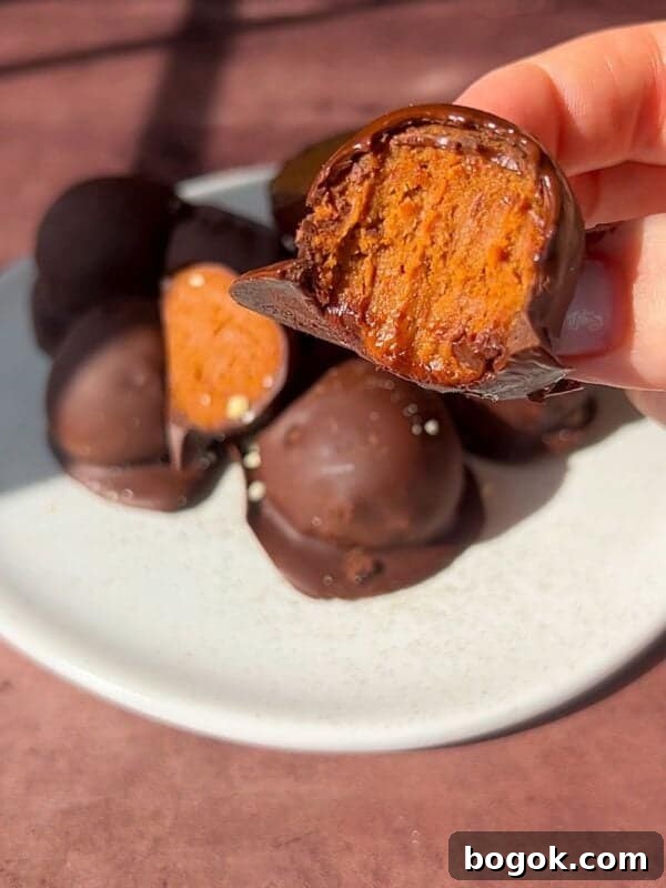 A hand holds up a chocolate-covered dessert with a bite taken, revealing a caramel or nougat-like filling. More of these treats are piled on a white plate in the background, all on a brown table surface.