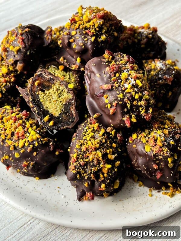 A plate of chocolate-covered dates sprinkled with crushed nuts and colorful toppings. One of the dates is cut open, revealing a green filling. The plate is on a light wooden surface.