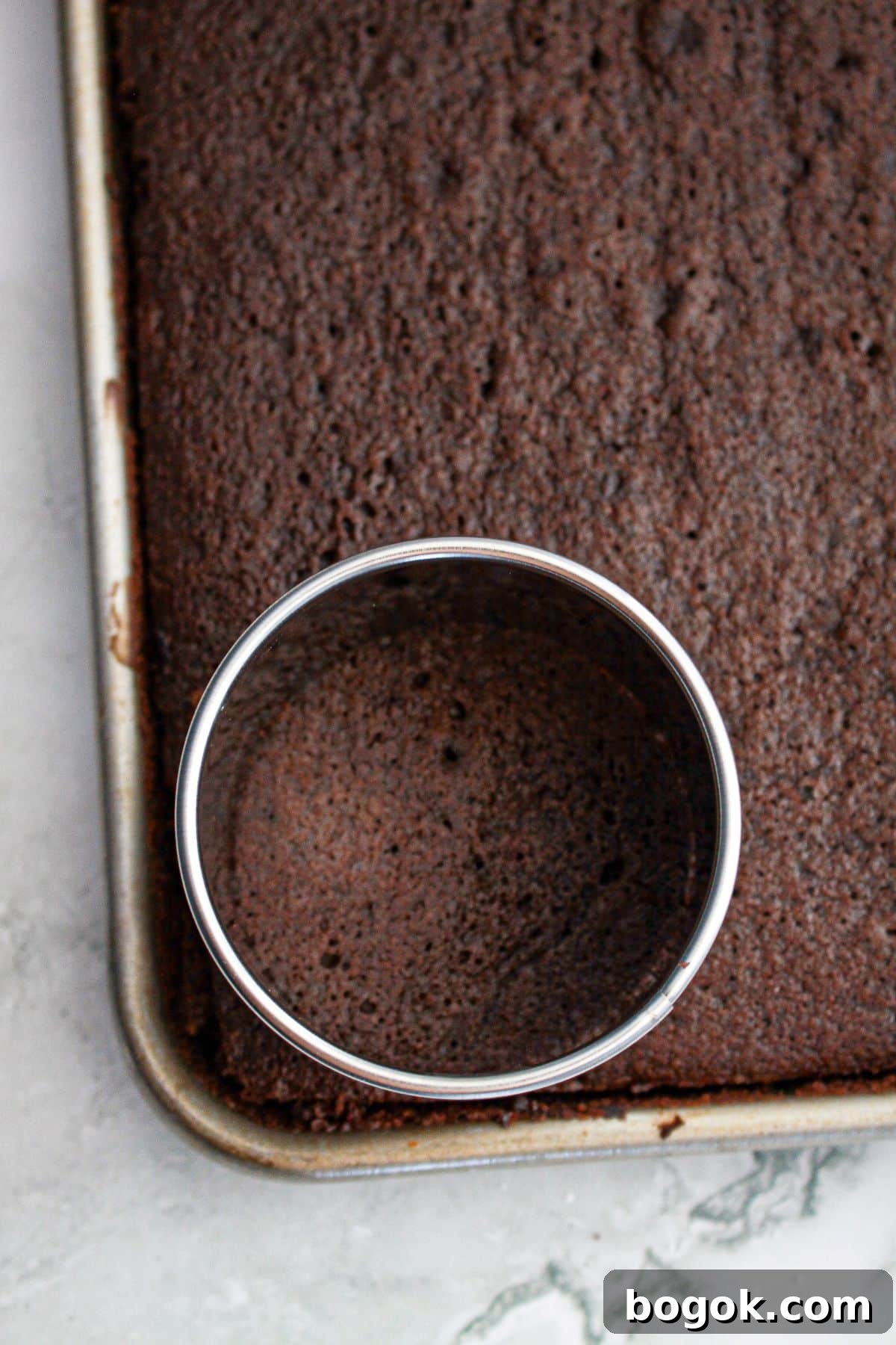 chocolate cake being cutting into small circles with a metal cookie cutter.